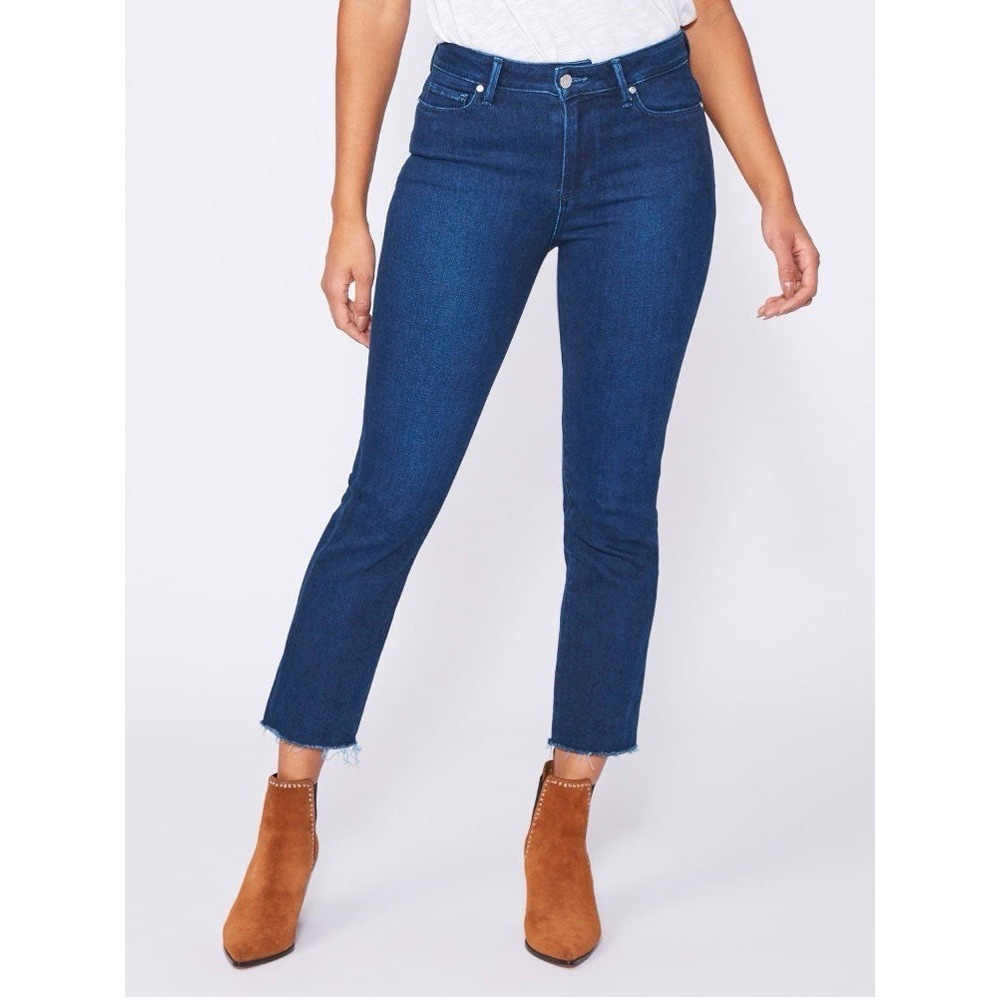 PAIGE Cindy Crop Jeans 28 Blue High Rise Raw Hem Straight Nomadic Stretch Denim